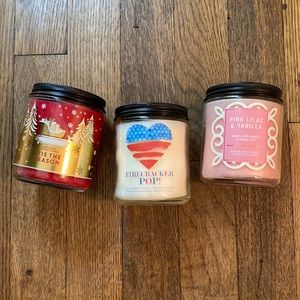 Bath & Body Works candles, Pink lilac & vanilla, Firecracker pop, Tis the season